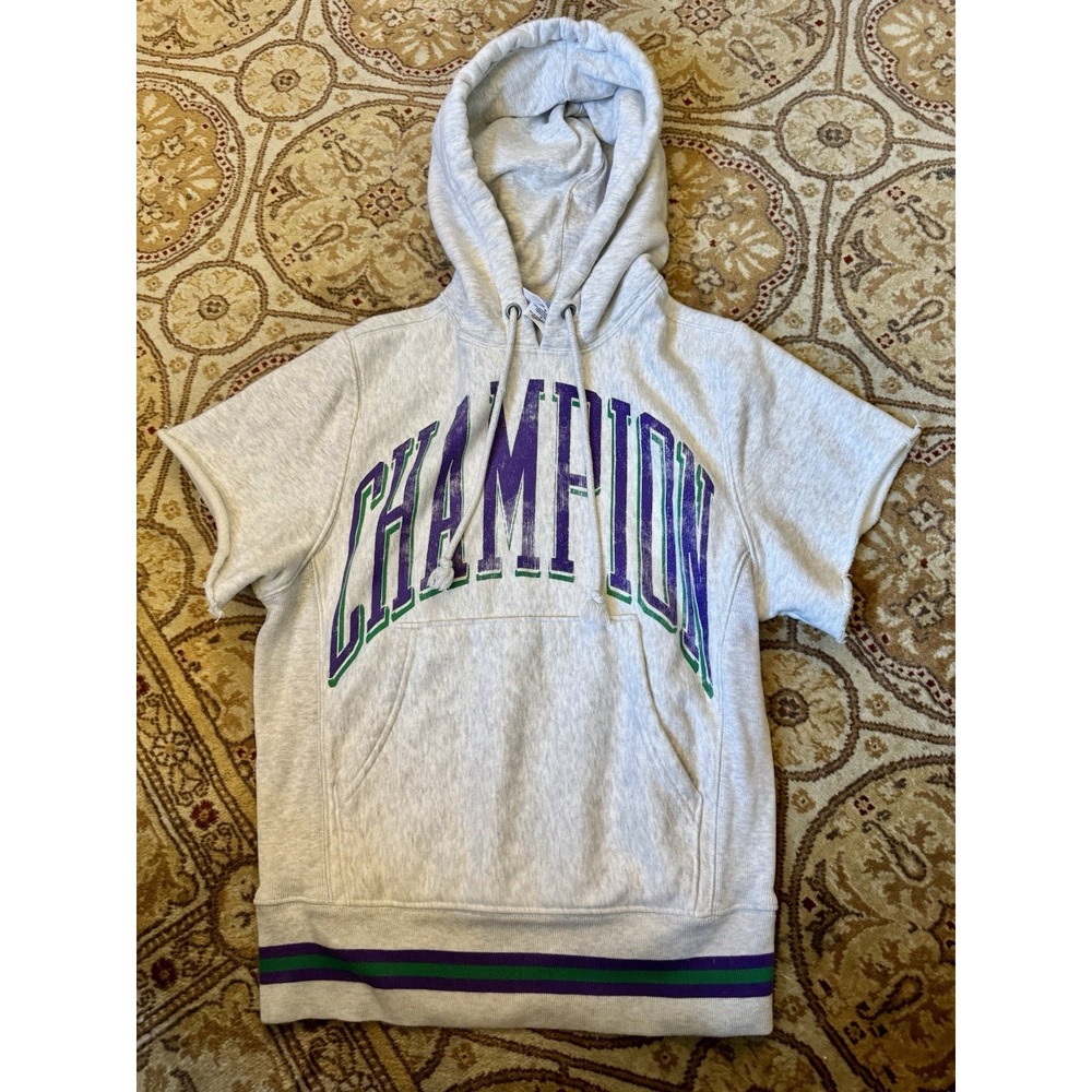 Vintage Champion Mens Reverse Weave Hooded Muscle Sweatshirt Green Purple Sz XS